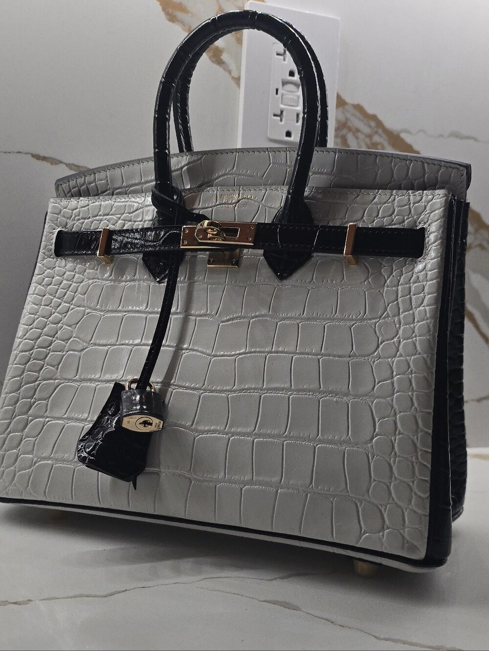 COPY Stunning like birkin not designer Vegan Croco bag White-black Patent Sz 25